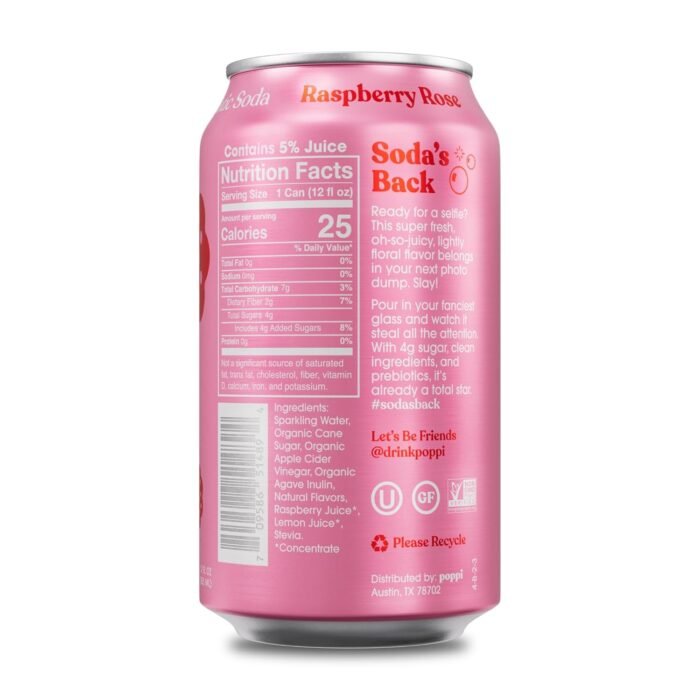 Poppi Sparkling Prebiotic Soda Beverage with Apple Cider Vinegar, Seltzer Water and Fruit Juice, Raspberry Rose Flavor, 12 oz, Pack of 12, Packaging May Vary - Image 2