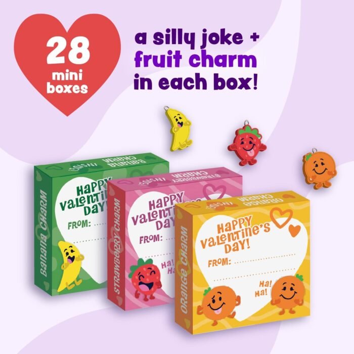 Peaceable Kingdom Valentines Cards for Kids Classroom, Set of 28 Valentines Day Gifts - Silly Jokes with Fruit Charms - Image 2