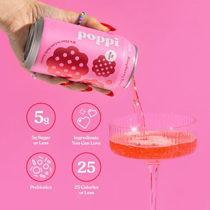 Poppi Sparkling Prebiotic Soda Beverage with Apple Cider Vinegar, Seltzer Water and Fruit Juice, Raspberry Rose Flavor, 12 oz, Pack of 12, Packaging May Vary - Image 4