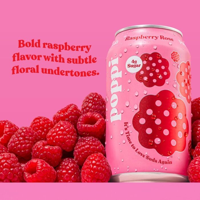 Poppi Sparkling Prebiotic Soda Beverage with Apple Cider Vinegar, Seltzer Water and Fruit Juice, Raspberry Rose Flavor, 12 oz, Pack of 12, Packaging May Vary - Image 3