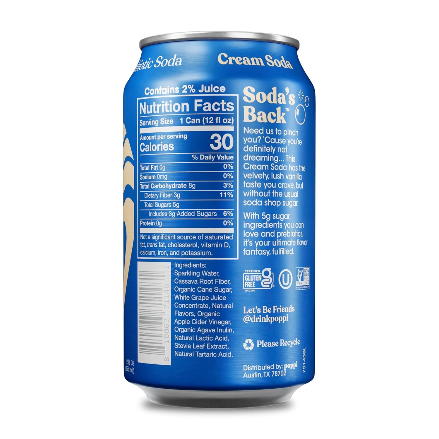Poppi Sparkling Prebiotic Soda Beverage with Apple Cider Vinegar, Seltzer Water and Fruit Juice, Cream Soda Flavor, 12 oz, Pack of 12, Packaging May Vary - Image 2
