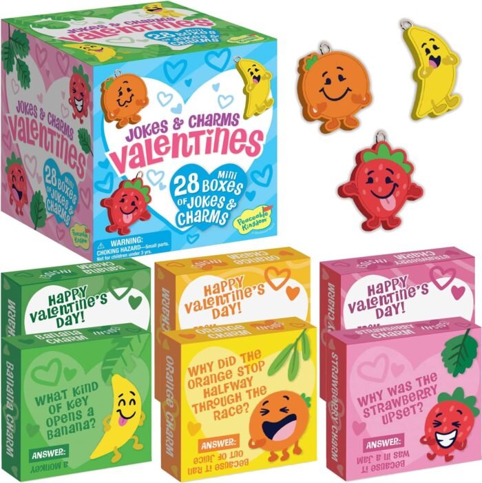 Peaceable Kingdom Valentines Cards for Kids Classroom, Set of 28 Valentines Day Gifts - Silly Jokes with Fruit Charms