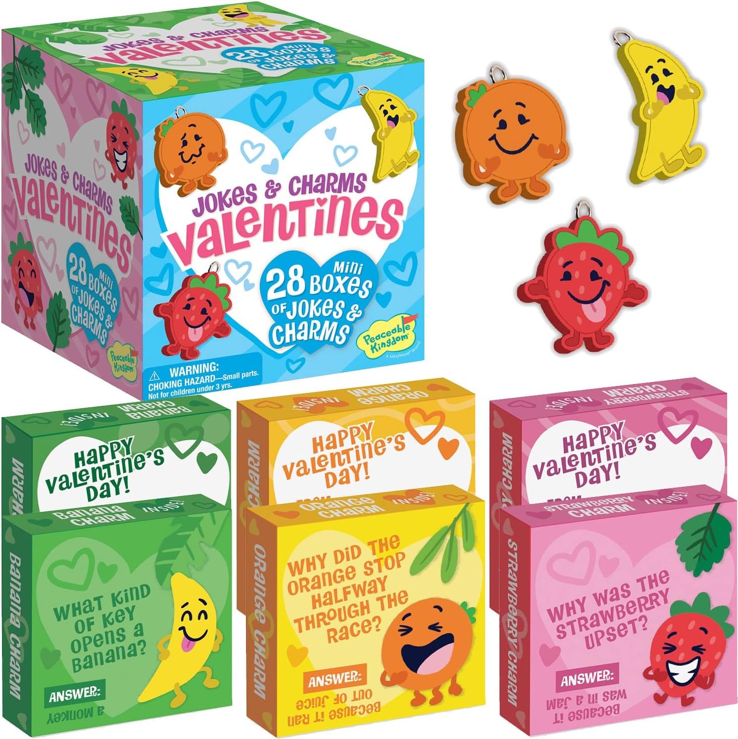 Peaceable Kingdom Valentines Cards for Kids Classroom, Set of 28 Valentines Day Gifts - Silly Jokes with Fruit Charms