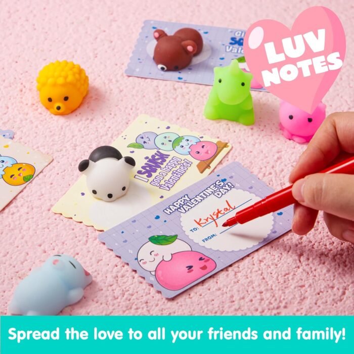JOYIN 28 Packs Valentines Day Gift Cards with Gift Cute Kawaii Mochi Squishy Toy to Squeeze Stress Relief Fidget Toy Mochi Squishy Toys for Kids, Classroom Exchange Prizes Valentine Party Favor Toy - Image 6