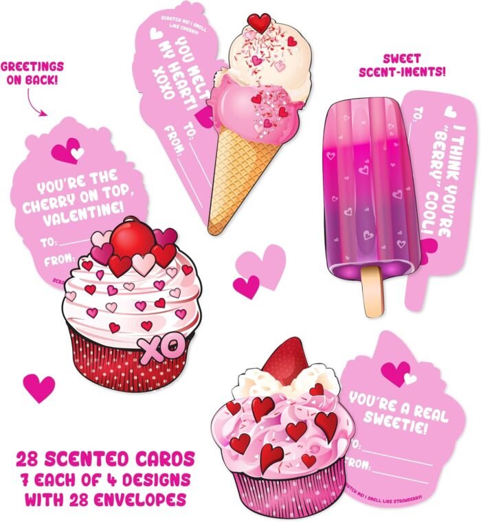 28Pk Strawberry & Cherry Scented Valentines Day Cards with Envelope, Scratch & Sniff Valentines Card for Kids, Valentines Day Greeting Cards,Party Favor Toys,Exchange Gift Card for Kids, Classroom Toy - Image 2