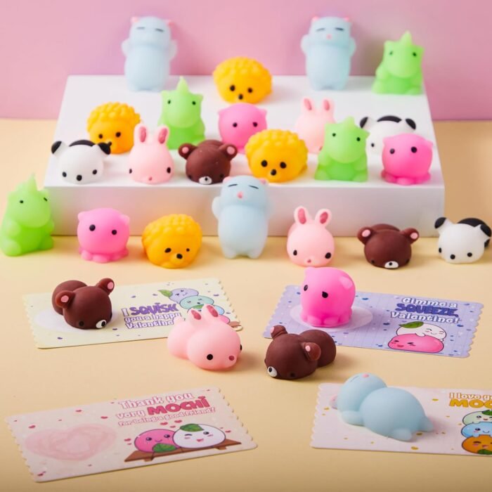 JOYIN 28 Packs Valentines Day Gift Cards with Gift Cute Kawaii Mochi Squishy Toy to Squeeze Stress Relief Fidget Toy Mochi Squishy Toys for Kids, Classroom Exchange Prizes Valentine Party Favor Toy - Image 2