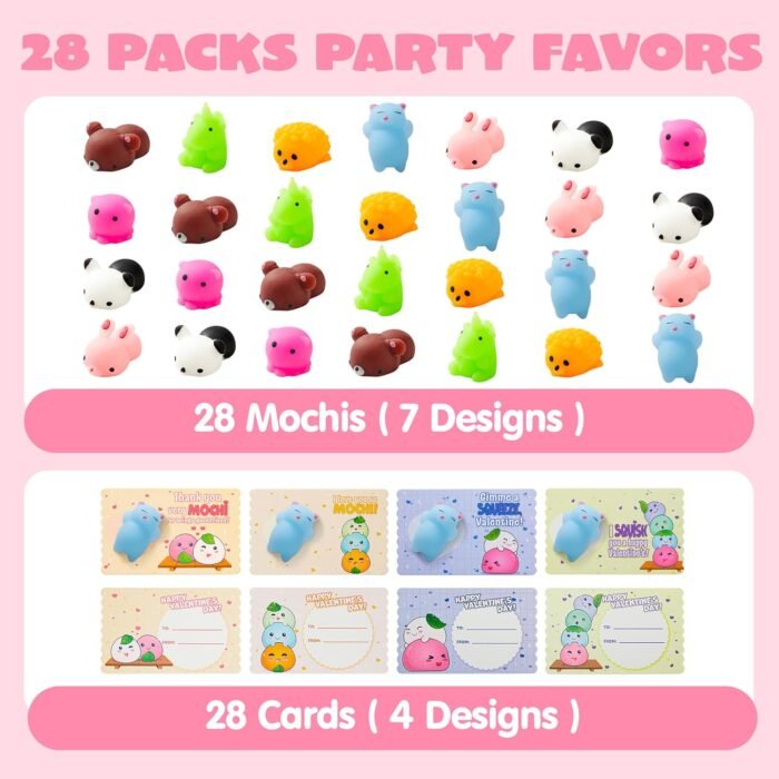 JOYIN 28 Packs Valentines Day Gift Cards with Gift Cute Kawaii Mochi Squishy Toy to Squeeze Stress Relief Fidget Toy Mochi Squishy Toys for Kids, Classroom Exchange Prizes Valentine Party Favor Toy - Image 3