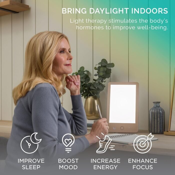 Verilux HappyLight Luxe - Light Therapy Lamp with 10,000 Lux, UV-Free, LED Bright White Light with Adjustable Brightness, Color, Countdown Timer, & Stand - Boost Mood, Sleep, Focus (Champagne Gold) - Image 2