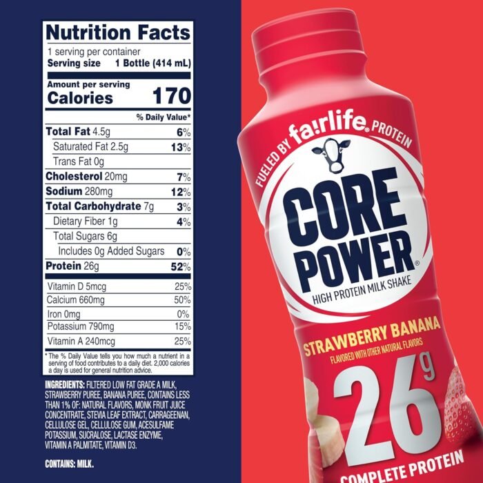 Core Power Protein Shake, Strawberry Banana, 26g Bottle, 14oz, 12 Pack - Image 2