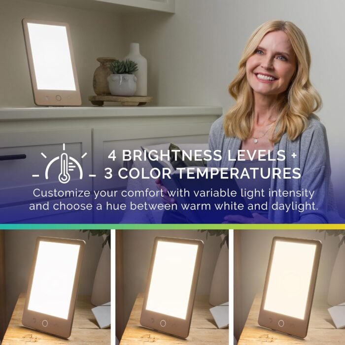Verilux HappyLight Luxe - Light Therapy Lamp with 10,000 Lux, UV-Free, LED Bright White Light with Adjustable Brightness, Color, Countdown Timer, & Stand - Boost Mood, Sleep, Focus (Champagne Gold) - Image 3
